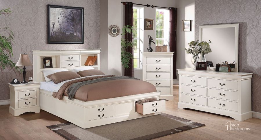 The appearance of Louis Philippe III Bookcase Bedroom Set (White) designed by ACME in the transitional interior design. This white piece of furniture  was selected by 1StopBedrooms from Louis Phillipe III Collection to add a touch of cosiness and style into your home. Sku: 24490Q-HB;24491Q-FB;24492Q-R;24503. Bed Type: Storage Bed. Material: Wood. Product Type: Storage Bed. Bed Size: Queen. Image1