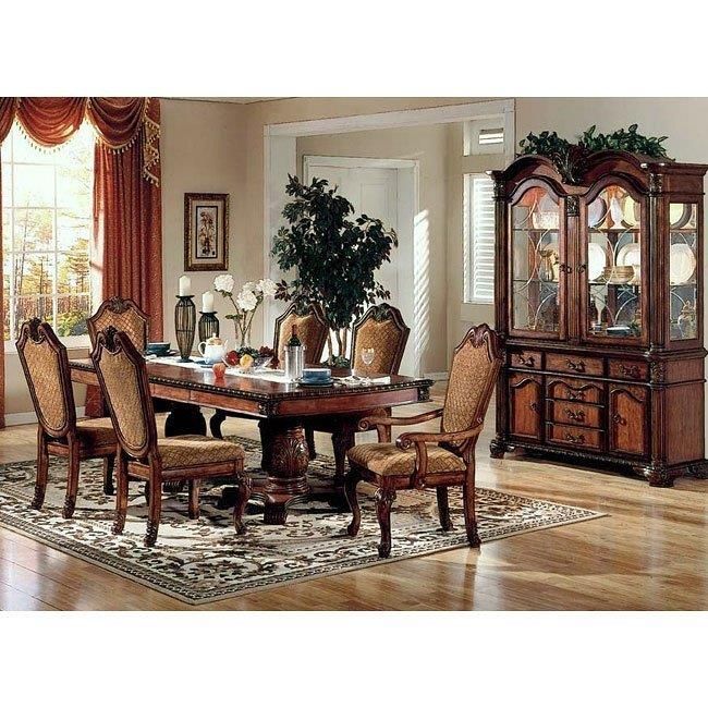 The appearance of Quietson Cherry Dining Room Set 0qc023164 designed by Off 5th Home in the transitional interior design. This cherry piece of furniture  was selected by 1StopBedrooms from Quietson Collection to add a touch of cosiness and style into your home. Sku: 04075T;04076ST;04077;04078. Material: Wood. Product Type: Dining Room Set. Table Top Shape: Rectangular. Table Top Style: Double Pedestal. Image1