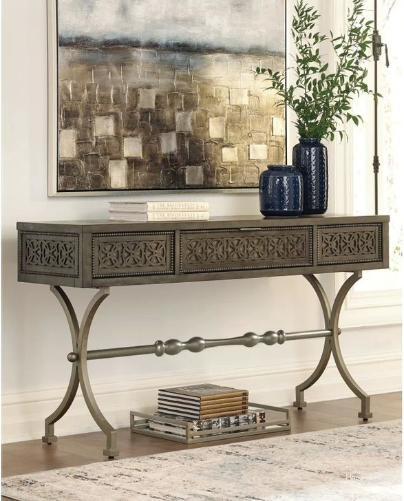 The appearance of Quinnland Antique Black Console Sofa Table designed by Signature Design by Ashley in the transitional interior design. This antique black piece of furniture  was selected by 1StopBedrooms from Quinnland Collection to add a touch of cosiness and style into your home. Sku: A4000077. Material: Metal. Product Type: Sofa Table. Image1
