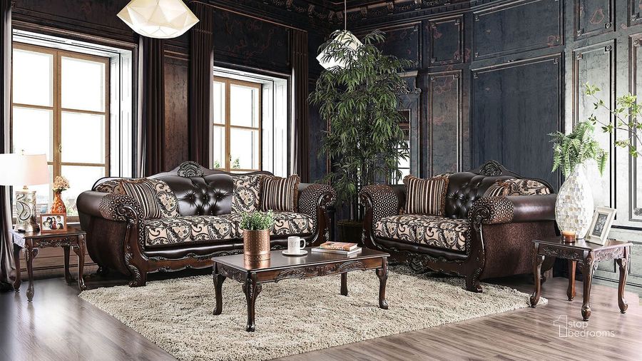 The appearance of Quirino Living Room Set (Light Brown / Dark Brown) designed by Furniture of America in the traditional interior design. This mixed piece of furniture  was selected by 1StopBedrooms from Quirino Collection to add a touch of cosiness and style into your home. Sku: SM6416-SF;SM6416-LV. Material: Leather. Product Type: Living Room Set. Image1