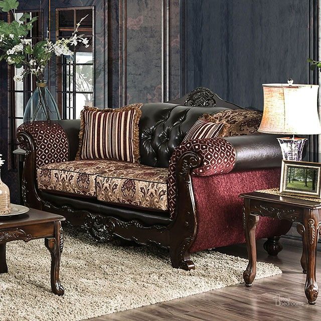 The appearance of Quirino Loveseat (Burgundy / Dark Brown) designed by Furniture of America in the traditional interior design. This mixed piece of furniture  was selected by 1StopBedrooms from Quirino Collection to add a touch of cosiness and style into your home. Sku: SM6415-LV. Material: Leather. Product Type: Loveseat. Image1