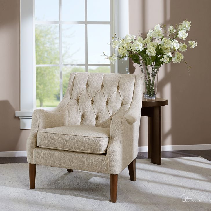The appearance of Qwen Button Tufted Accent Chair In Beige designed by Olliix in the transitional interior design. This beige piece of furniture  was selected by 1StopBedrooms from Qwen Collection to add a touch of cosiness and style into your home. Sku: FPF18-0514. Material: Wood. Product Type: Accent Chair. Image1