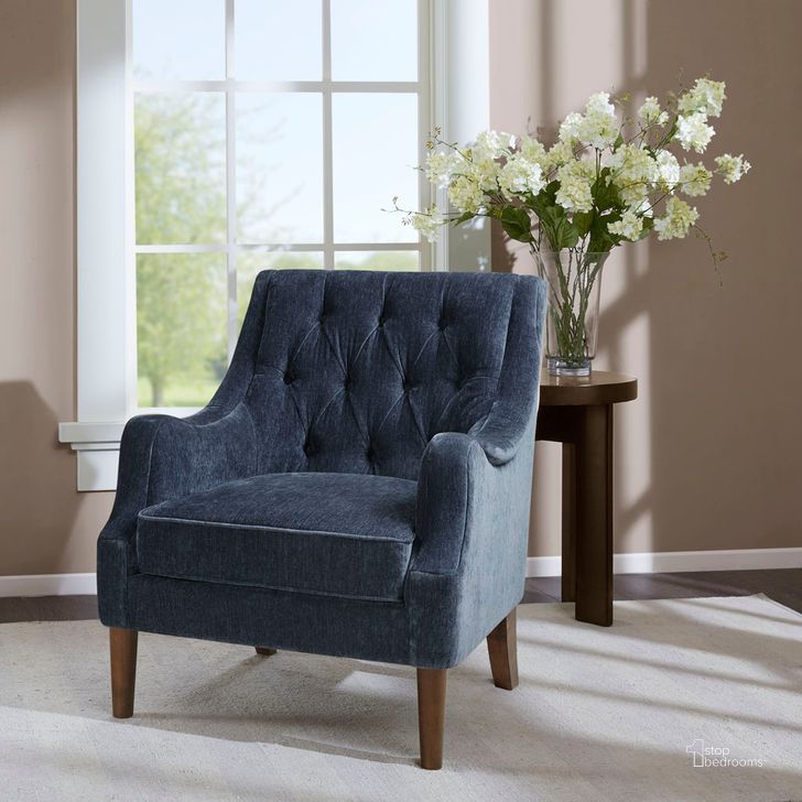 The appearance of Qwen Button Tufted Accent Chair In Navy designed by Olliix in the transitional interior design. This navy piece of furniture  was selected by 1StopBedrooms from Qwen Collection to add a touch of cosiness and style into your home. Sku: MP100-1121. Material: Wood. Product Type: Accent Chair. Image1