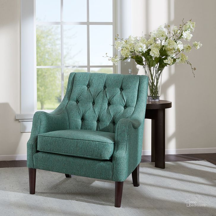 The appearance of Qwen Button Tufted Accent Chair In Teal designed by Olliix in the transitional interior design. This teal piece of furniture  was selected by 1StopBedrooms from Qwen Collection to add a touch of cosiness and style into your home. Sku: FPF18-0512. Material: Wood. Product Type: Accent Chair. Image1