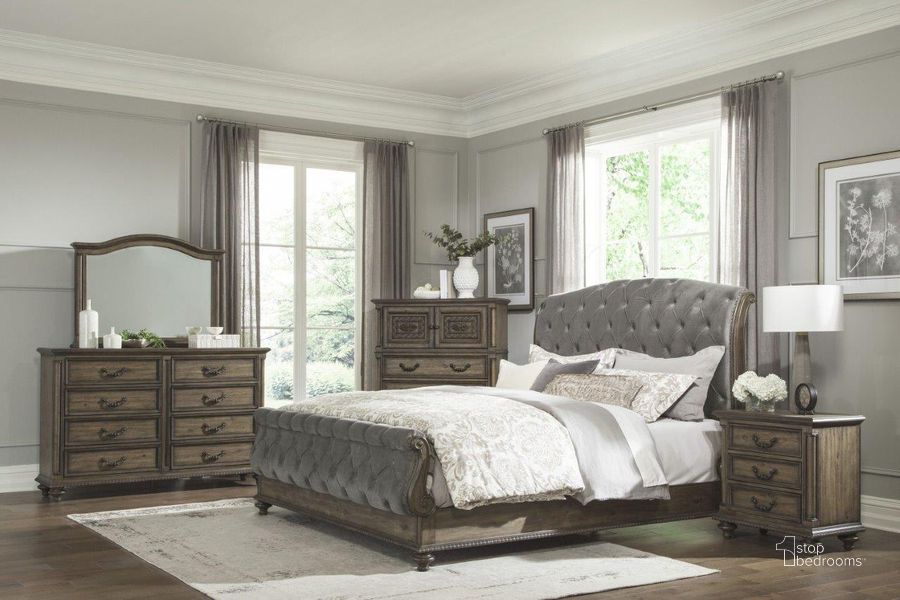 The appearance of Rachelle Weathered Pecan And Gray Sleigh Bedroom Set designed by Homelegance in the transitional interior design. This brown and gray piece of furniture  was selected by 1StopBedrooms from Rachelle Collection to add a touch of cosiness and style into your home. Sku: 1693-1;1693-2;1693-3;1693-4. Bed Type: Sleigh Bed. Material: Wood. Product Type: Sleigh Bed. Bed Size: Queen. Image1