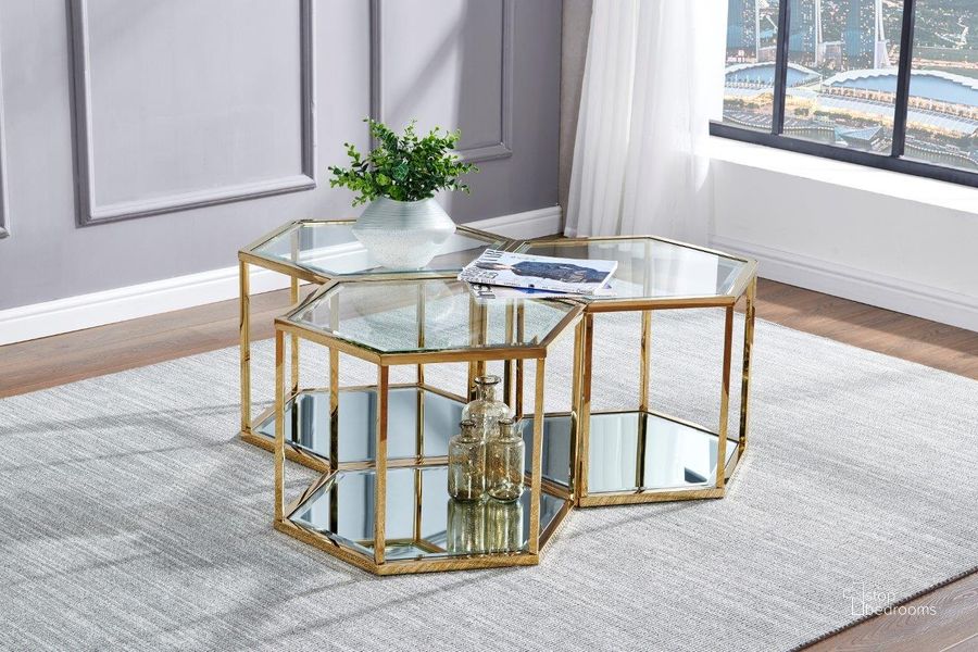 The appearance of Radha 24 Inch Hexagonal Modern Glass Coffee Table In Gold designed by Best Master Furniture in the modern / contemporary interior design. This gold piece of furniture  was selected by 1StopBedrooms from Radha Collection to add a touch of cosiness and style into your home. Sku: H209GC. Material: Glass. Product Type: Coffee Table. Image1