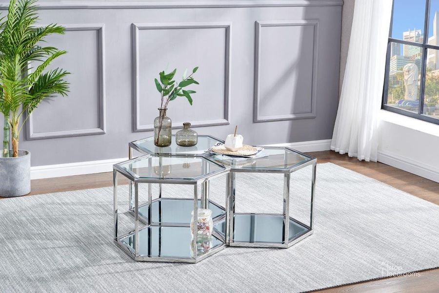 The appearance of Radha 24 Inch Hexagonal Modern Glass Coffee Table In Silver designed by Best Master Furniture in the modern / contemporary interior design. This silver piece of furniture  was selected by 1StopBedrooms from Radha Collection to add a touch of cosiness and style into your home. Sku: H209SC. Material: Glass. Product Type: Coffee Table. Image1