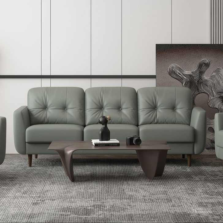 The appearance of Radwan Pesto Green Leather Sofa designed by ACME in the modern / contemporary interior design. This green piece of furniture  was selected by 1StopBedrooms from Radwan Collection to add a touch of cosiness and style into your home. Sku: 54960. Material: Wood. Product Type: Leather Sofa. Image1