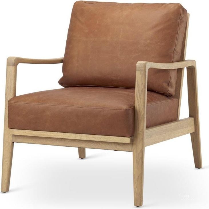 The appearance of Raeleigh Cognac Leather With Light Brown Wood Frame Accent Chair designed by Mercana in the modern / contemporary interior design. This cognac piece of furniture  was selected by 1StopBedrooms from Raeleigh Collection to add a touch of cosiness and style into your home. Sku: 69989. Material: Wood. Product Type: Accent Chair. Image1