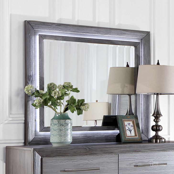 The appearance of Raiden Mirror With Led In Gray designed by Furniture of America in the transitional interior design. This gray piece of furniture  was selected by 1StopBedrooms from Raiden Collection to add a touch of cosiness and style into your home. Sku: CM7468GY-M. Material: Wood. Product Type: Accent Mirror. Image1
