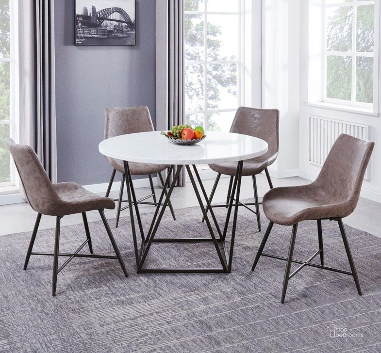 The appearance of Ramona 5Pc Dining Set designed by Steve Silver in the transitional interior design. This white and brown piece of furniture  was selected by 1StopBedrooms from Ramona Collection to add a touch of cosiness and style into your home. Sku: RM440WT;RM440SB;RM440SB;RM440SB;RM440SB. Material: Marble. Product Type: Dining Room Set. Image1
