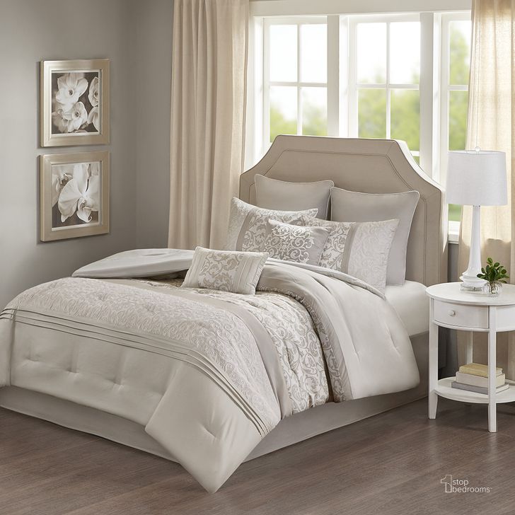 The appearance of Ramsey Polyester Microfiber Printed Pieced Embroidered 8Pcs Queen Comforter Set With Quilting In Neutral designed by Olliix in the transitional interior design. This neutral piece of furniture  was selected by 1StopBedrooms from Ramsey Collection to add a touch of cosiness and style into your home. Sku: 5DS10-0047. Material: Polyester. Bed Size: Queen. Product Type: Comforter Set. Image1