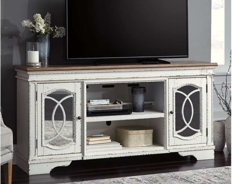 The appearance of Realyn White Xl Tv Stand designed by Signature Design by Ashley in the transitional interior design. This chipped white piece of furniture  was selected by 1StopBedrooms from Realyn Collection to add a touch of cosiness and style into your home. Sku: W743-68. Material: Glass. Product Type: TV Stand. Image1