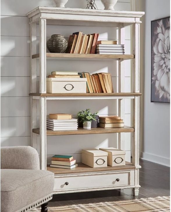 The appearance of Realyn Bookcase designed by Signature Design by Ashley in the transitional interior design. This white/brown piece of furniture  was selected by 1StopBedrooms from Realyn Collection to add a touch of cosiness and style into your home. Sku: H743-70. Material: Wood. Product Type: Standard Bookcase. Image1