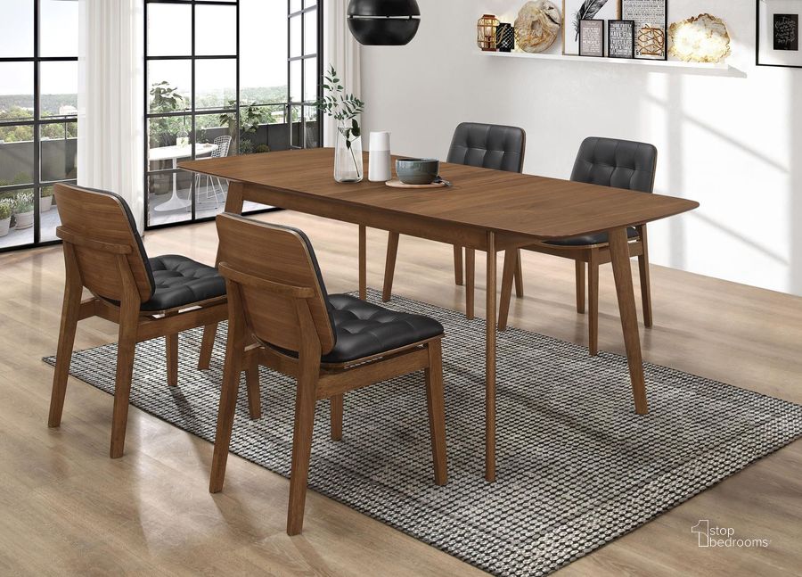 The appearance of Redbridge Dining Room Set w/ Black Chairs designed by Coaster in the modern / contemporary interior design. This walnut and black piece of furniture  was selected by 1StopBedrooms from Redbridge Collection to add a touch of cosiness and style into your home. Sku: 106591;106596. Table Base Style: Legs. Material: Wood. Product Type: Dining Room Set. Table Top Shape: Rectangular. Image1