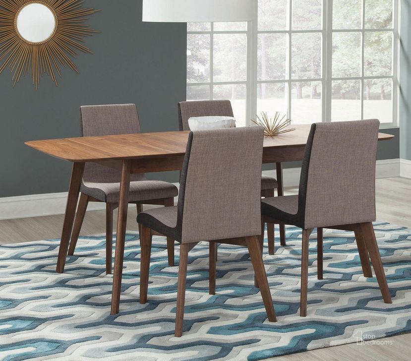 The appearance of Redbridge Natural Walnut Extendable Dining Room Set designed by Coaster in the modern / contemporary interior design. This brown piece of furniture  was selected by 1StopBedrooms from Redbridge Collection to add a touch of cosiness and style into your home. Sku: 106591;106592. Table Base Style: Legs. Material: Wood. Product Type: Dining Room Set. Table Top Shape: Rectangular. Image1
