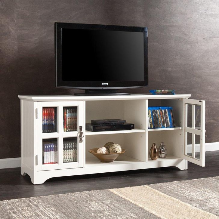 The appearance of Remington Tv-Media Stand In White designed by SEI Furniture in the transitional interior design. This white piece of furniture  was selected by 1StopBedrooms from Remington Collection to add a touch of cosiness and style into your home. Sku: MS9908. Product Type: TV Stand. Material: MDF. Image1