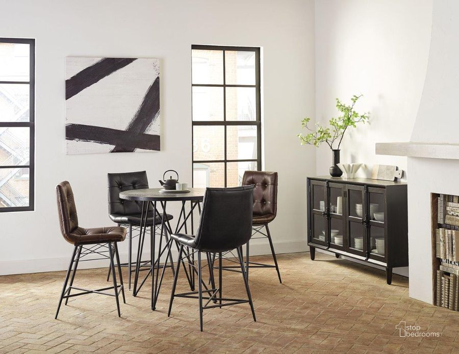 The appearance of Rennes Black And Gunmetal Counter Height Dining Room Set designed by Coaster in the modern / contemporary interior design. This black piece of furniture  was selected by 1StopBedrooms from Rennes Collection to add a touch of cosiness and style into your home. Sku: 106348B1;106348B2;107859. Table Base Style: Trestle. Table Top Shape: Round. Product Type: Dining Room Set. Material: MDF. Size: 36". Image1