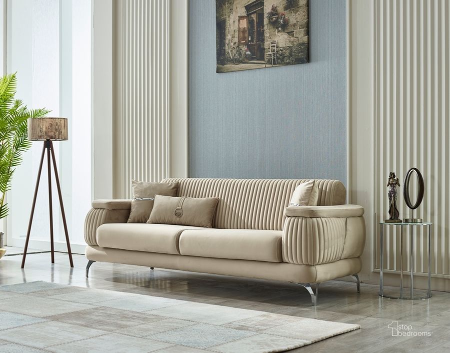 The appearance of Resital 3 Seat Sofa In Cream designed by Furnia in the  interior design. This cream piece of furniture  was selected by 1StopBedrooms from Resital Collection to add a touch of cosiness and style into your home. Sku: 101-RES-ANK529-3. Material: Wood. Product Type: Sofa. Image1