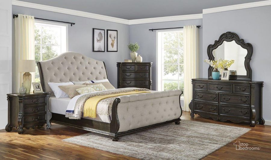 The appearance of Rhapsody Brown Sleigh Bedroom Set designed by Steve Silver in the transitional interior design. This brown piece of furniture  was selected by 1StopBedrooms from Rhapsody Collection to add a touch of cosiness and style into your home. Sku: RH900QSFB;RH900QSHB;RH900SSR;RH900NS. Bed Type: Sleigh Bed. Material: Wood. Product Type: Sleigh Bed. Bed Size: Queen. Image1