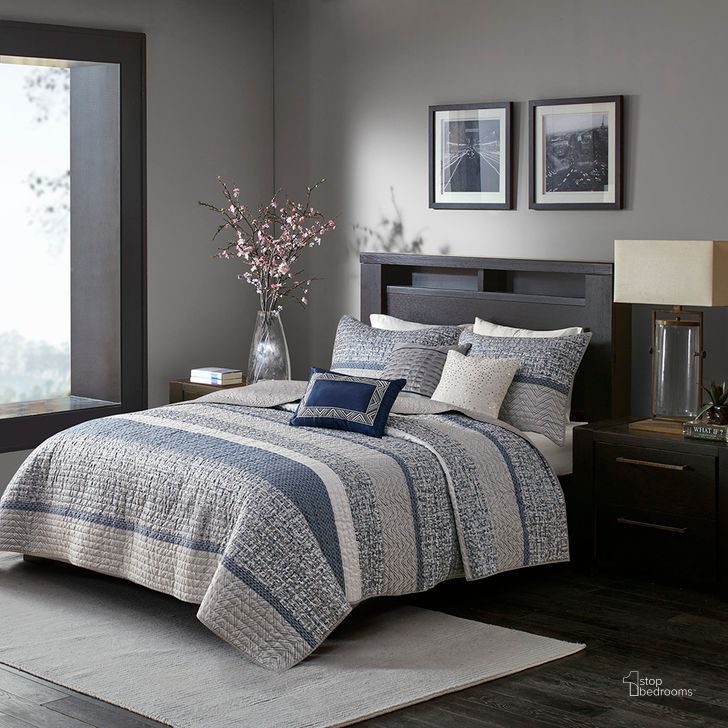 The appearance of Rhapsody Polyester Jacquard 6Pcs Queen Coverlet Set In Navy designed by Olliix in the transitional interior design. This navy piece of furniture  was selected by 1StopBedrooms from Rhapsody Collection to add a touch of cosiness and style into your home. Sku: MP13-7423. Material: Polyester. Bed Size: Queen. Product Type: Coverlet Set. Image1
