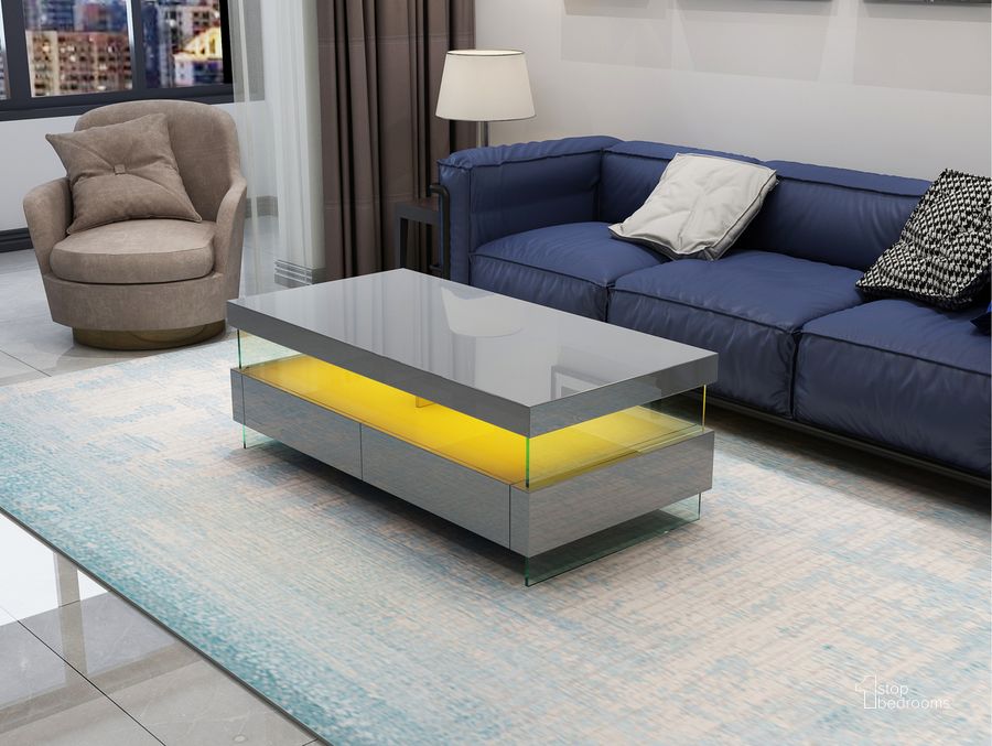 The appearance of Ria Modern and Contemporary Style Built In Led Style Coffee Table In Gray Color Made With Wood and Glossy Finish designed by Galaxy Home Furnishings in the modern / contemporary interior design. This gray piece of furniture  was selected by 1StopBedrooms from Ria Collection to add a touch of cosiness and style into your home. Sku: 601955552585. Material: Wood. Product Type: Coffee Table. Image1