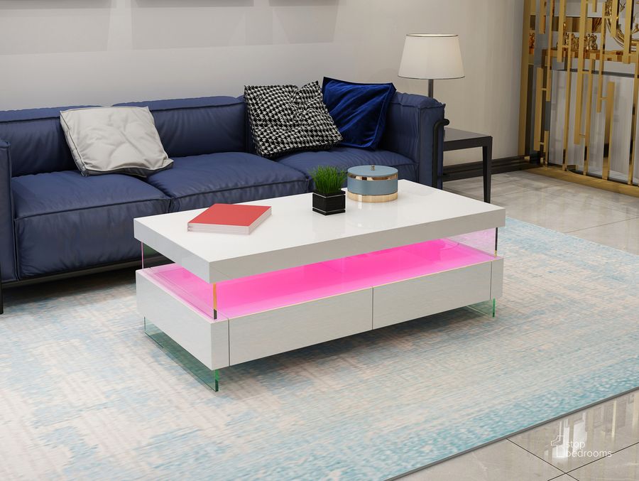 The appearance of Ria Modern and Contemporary Style Built In Led Style Coffee Table In White Color Made With Wood and Glossy Finish designed by Galaxy Home Furnishings in the modern / contemporary interior design. This white piece of furniture  was selected by 1StopBedrooms from Ria Collection to add a touch of cosiness and style into your home. Sku: 601955552578. Material: Wood. Product Type: Coffee Table. Image1