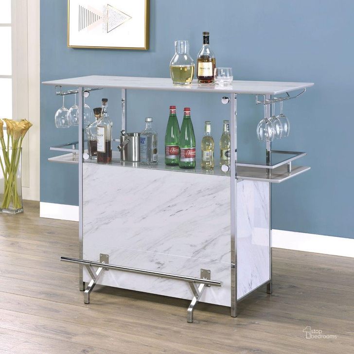 The appearance of Rianna Bar Table In White And Chrome designed by Furniture of America in the modern / contemporary interior design. This white and chrome piece of furniture  was selected by 1StopBedrooms from Rianna Collection to add a touch of cosiness and style into your home. Sku: FOA-BT8343. Material: Metal. Product Type: Bar Table.