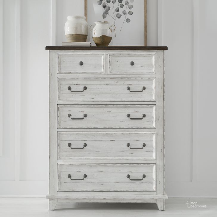 The appearance of River Place 6 Drawer Chest In Riverstone White and Tobacco designed by Liberty in the country / farmhouse interior design. This white piece of furniture  was selected by 1StopBedrooms from River Place Collection to add a touch of cosiness and style into your home. Sku: 237-BR41. Product Type: Chest. Material: Wood Veneer.