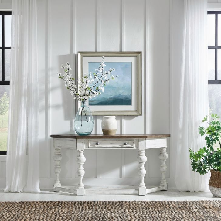 The appearance of River Place Accent Console Table In Riverstone White and Tobacco designed by Liberty in the country / farmhouse interior design. This white piece of furniture  was selected by 1StopBedrooms from River Place Collection to add a touch of cosiness and style into your home. Sku: 237-AT6430. Product Type: Console Table. Material: Wood Veneer. Image1