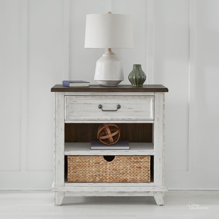 The appearance of River Place Bedside Chest With Charging Station In Riverstone White and Tobacco designed by Liberty in the country / farmhouse interior design. This white piece of furniture  was selected by 1StopBedrooms from River Place Collection to add a touch of cosiness and style into your home. Sku: 237-BR62. Product Type: Chest. Material: Wood Veneer.