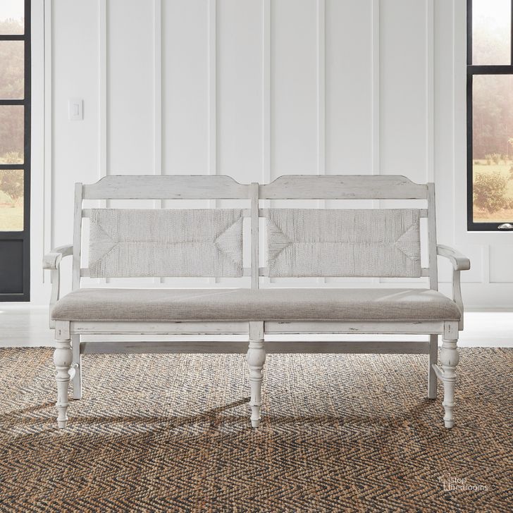 The appearance of River Place Panel Back Bench With Rta In Riverstone White and Tobacco designed by Liberty in the country / farmhouse interior design. This white piece of furniture  was selected by 1StopBedrooms from River Place Collection to add a touch of cosiness and style into your home. Sku: 237-C9101B. Product Type: Bench. Material: Wood Veneer. Image1