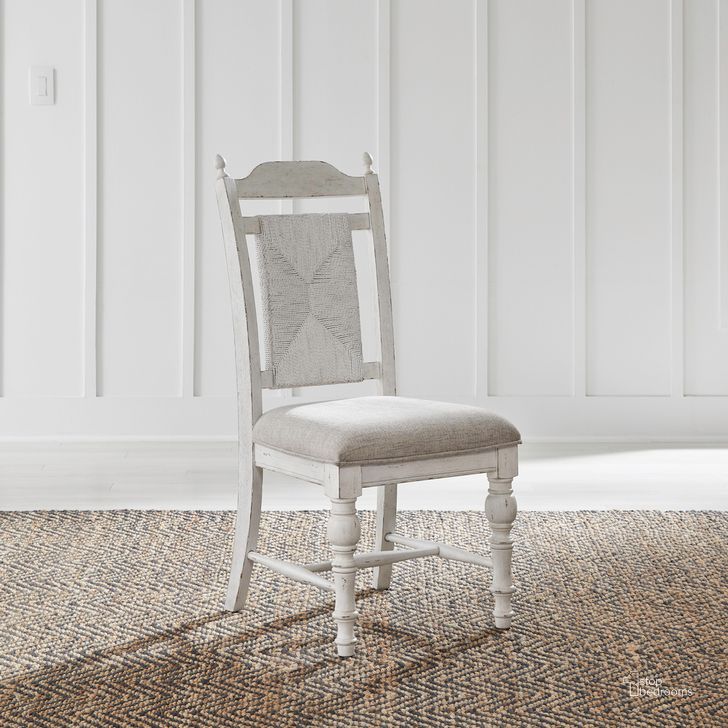 The appearance of River Place Panel Back Side Chair Set of 2 In Riverstone White and Tobacco designed by Liberty in the country / farmhouse interior design. This white piece of furniture  was selected by 1StopBedrooms from River Place Collection to add a touch of cosiness and style into your home. Sku: 237-C9101S. Product Type: Side Chair. Material: Wood Veneer. Image1