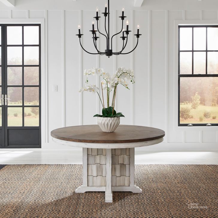The appearance of River Place Pedestal Table Set In Riverstone White and Tobacco designed by Liberty in the country / farmhouse interior design. This white piece of furniture  was selected by 1StopBedrooms from River Place Collection to add a touch of cosiness and style into your home. Sku: 237-P5454;237-T5454. Product Type: Pedestal Table. Material: Wood Veneer. Image1