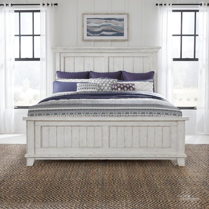 The appearance of River Place Queen Panel Bed In Riverstone White and Tobacco designed by Liberty in the country / farmhouse interior design. This white piece of furniture  was selected by 1StopBedrooms from River Place Collection to add a touch of cosiness and style into your home. Sku: 237-BR13;237-BR14;237-BR90. Product Type: Panel Bed. Bed Size: Queen. Material: Wood Veneer. Image1