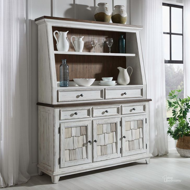 The appearance of River Place Server and Hutch In Riverstone White and Tobacco designed by Liberty in the country / farmhouse interior design. This white piece of furniture  was selected by 1StopBedrooms from River Place Collection to add a touch of cosiness and style into your home. Sku: 237-SH6442;237-SR6236. Product Type: Server. Material: Wood Veneer. Image1