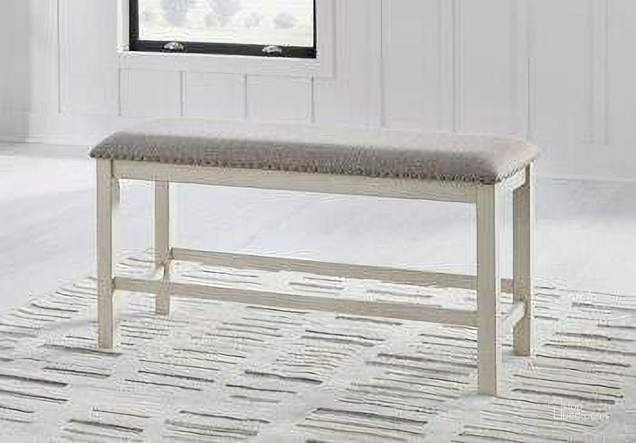 The appearance of Robbinsdale 49 Inch Counter Height Dining Bench In Antique White designed by Signature Design by Ashley in the transitional interior design. This antique white piece of furniture  was selected by 1StopBedrooms from Robbinsdale Collection to add a touch of cosiness and style into your home. Sku: D642-09. Material: Fabric. Product Type: Dining Bench. Image1
