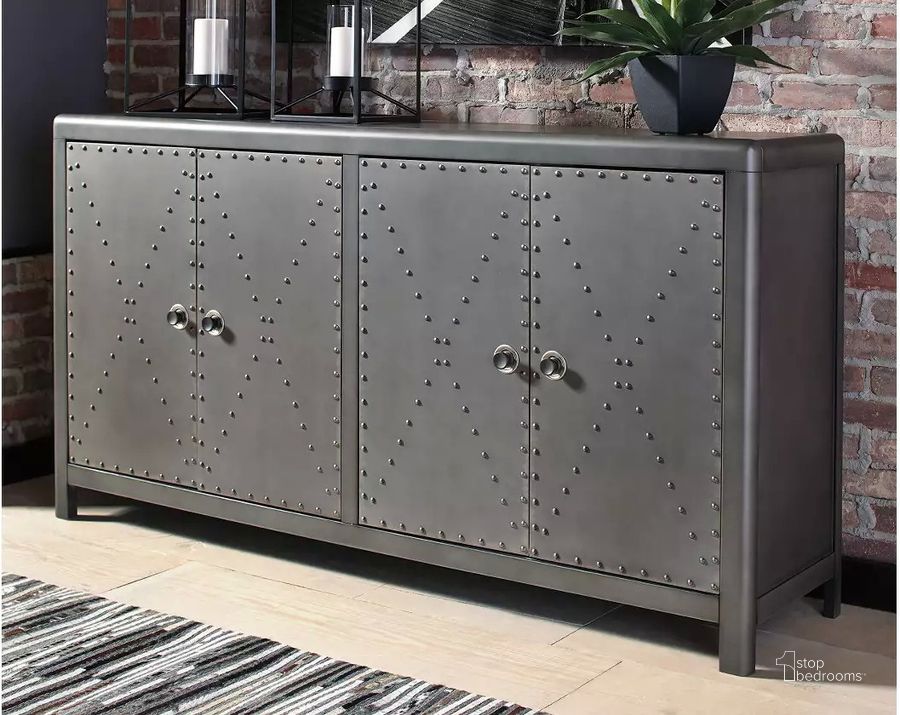 The appearance of Rock Ridge Aged Steel Large Door Accent Cabinet designed by Signature Design by Ashley in the transitional interior design. This gunmetal piece of furniture  was selected by 1StopBedrooms from Rock Ridge Collection to add a touch of cosiness and style into your home. Sku: A4000034. Material: Wood. Product Type: Accent Cabinet. Image1