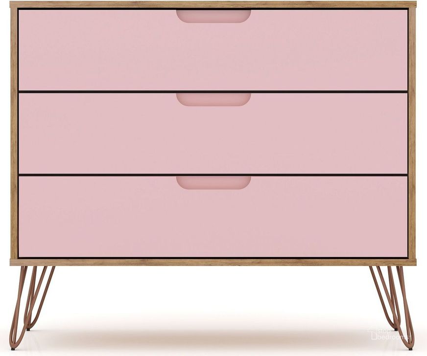 The appearance of Rockefeller Mid-Century - Modern Dresser With 3 - Drawers In Nature And Rose Pink designed by Manhattan Comfort in the transitional interior design. This pink piece of furniture  was selected by 1StopBedrooms from Rockefeller Collection to add a touch of cosiness and style into your home. Sku: 103GMC6. Product Type: Dresser. Material: MDF. Image1