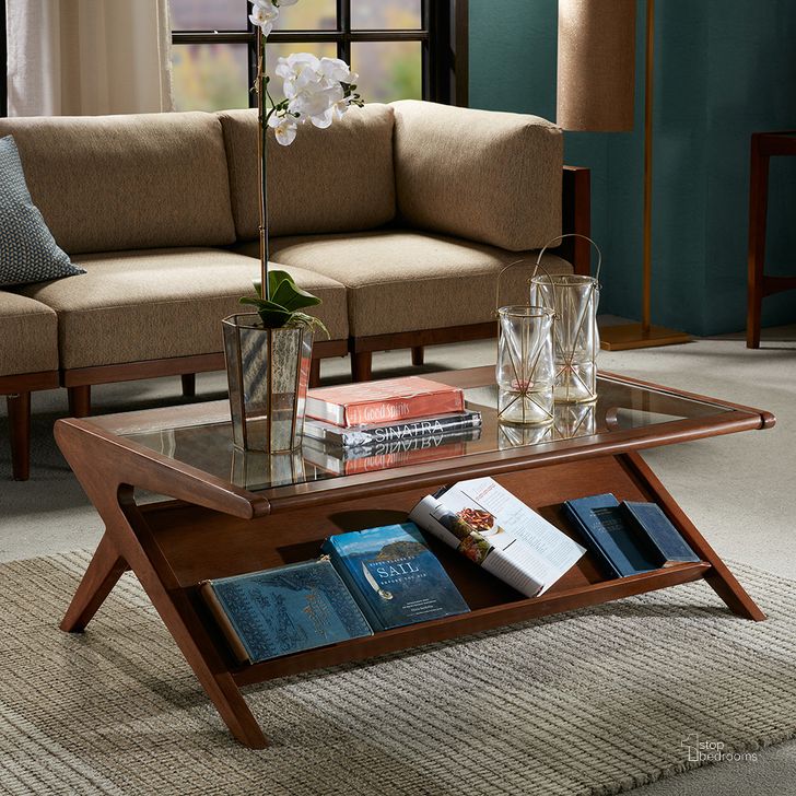 The appearance of Rocket Coffee Table With Tempered Glass In Pecan designed by Olliix in the transitional interior design. This pecan piece of furniture  was selected by 1StopBedrooms from Rocket Collection to add a touch of cosiness and style into your home. Sku: IIF17-0045. Product Type: Coffee Table. Material: MDF. Image1