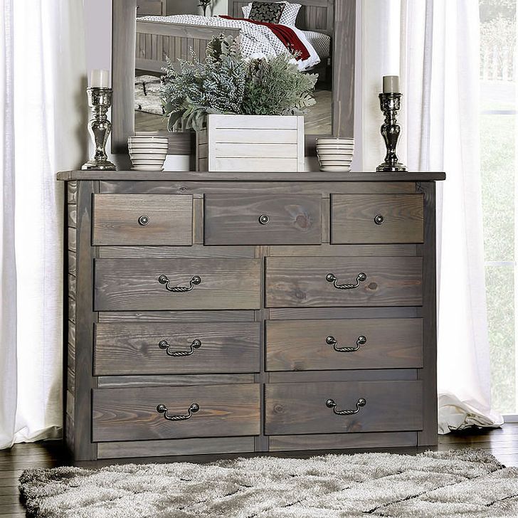 The appearance of Rockwall Weathered Gray Dresser designed by Furniture of America in the rustic / southwestern interior design. This gray piece of furniture  was selected by 1StopBedrooms from Rockwall Collection to add a touch of cosiness and style into your home. Sku: AM7973D. Product Type: Dresser. Material: Pine. Image1