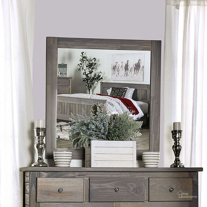 The appearance of Rockwall Weathered Gray Mirror designed by Furniture of America in the rustic / southwestern interior design. This gray piece of furniture  was selected by 1StopBedrooms from Rockwall Collection to add a touch of cosiness and style into your home. Sku: AM7973M. Product Type: Dresser Mirror. Material: Pine. Image1