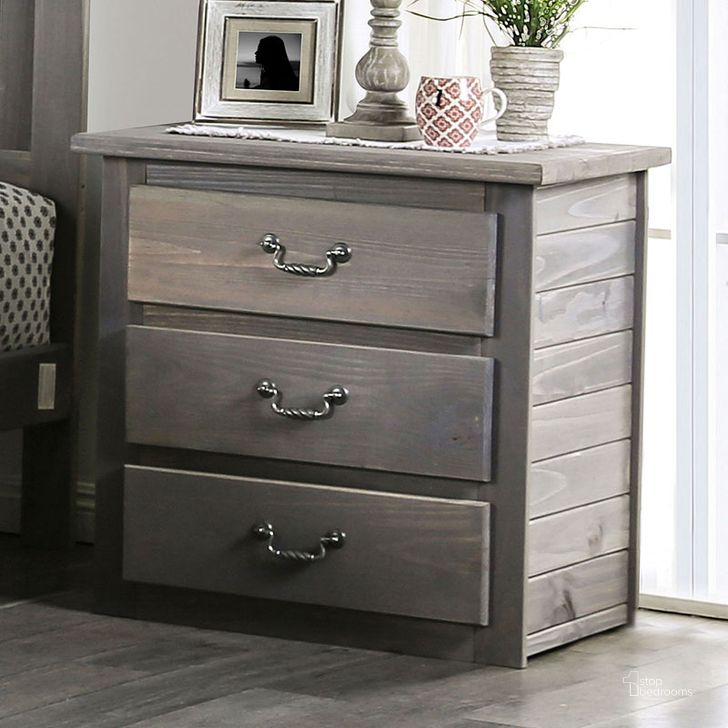 The appearance of Rockwall Weathered Gray Nightstand designed by Furniture of America in the rustic / southwestern interior design. This gray piece of furniture  was selected by 1StopBedrooms from Rockwall Collection to add a touch of cosiness and style into your home. Sku: AM7973N. Product Type: Nightstand. Material: Pine. Image1