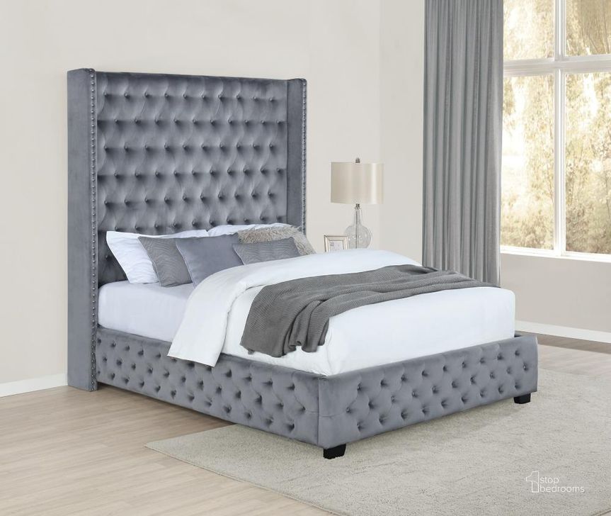 The appearance of Rocori Grey King Upholstered Panel Bed designed by Coaster in the modern / contemporary interior design. This gray piece of furniture  was selected by 1StopBedrooms from Rocori Collection to add a touch of cosiness and style into your home. Sku: 306075KEB1;306075KEB2. Bed Type: Panel Bed. Product Type: Panel Bed. Bed Size: King. Material: Pine. Image1