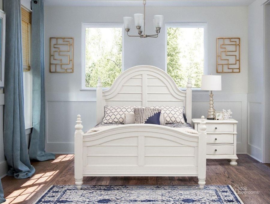 The appearance of Rodanthe Dove White Poster Bedroom Set designed by American Woodcrafters in the transitional interior design. This white piece of furniture  was selected by 1StopBedrooms from Rodanthe Collection to add a touch of cosiness and style into your home. Sku: 3910-951;3910-953;3910-880;3910-410. Bed Type: Poster Bed. Product Type: Poster Bed. Bed Size: Queen. Material: MDF. Image1