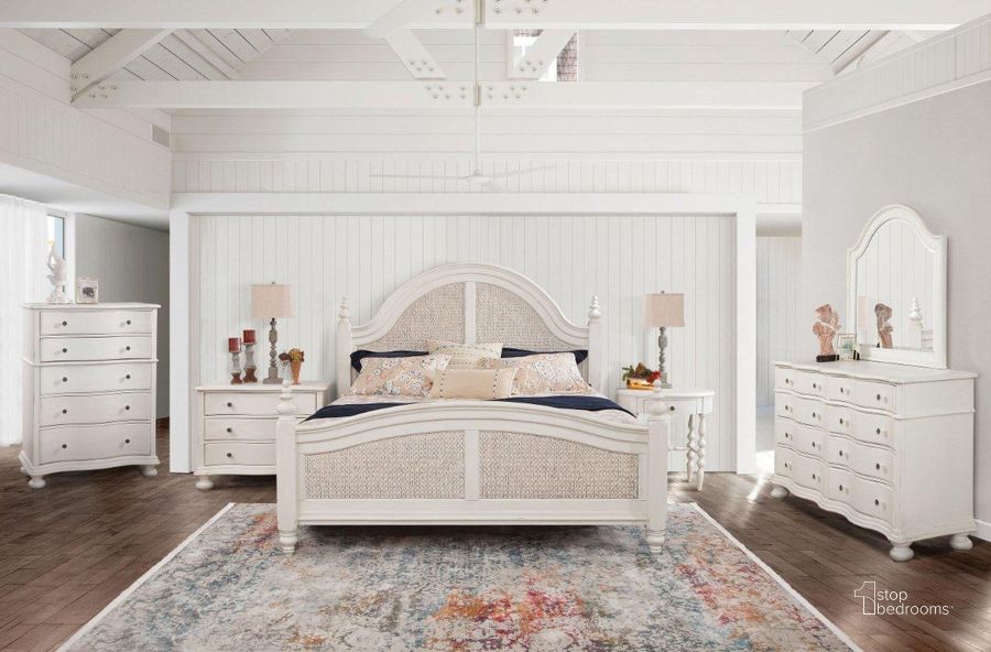 The appearance of Rodanthe Dove White Woven Poster Bedroom Set designed by American Woodcrafters in the transitional interior design. This beige piece of furniture  was selected by 1StopBedrooms from Rodanthe Collection to add a touch of cosiness and style into your home. Sku: 3910-990;3910-993;3910-880;3910-410. Bed Type: Poster Bed. Product Type: Poster Bed. Bed Size: Queen. Material: MDF. Image1
