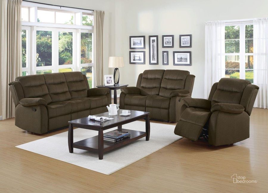 The appearance of Rodman Chocolate Reclining Living Room Set designed by Coaster in the transitional interior design. This brown piece of furniture  was selected by 1StopBedrooms from Rodman Collection to add a touch of cosiness and style into your home. Sku: 601881;601882. Product Type: Living Room Set. Material: Velvet. Image1