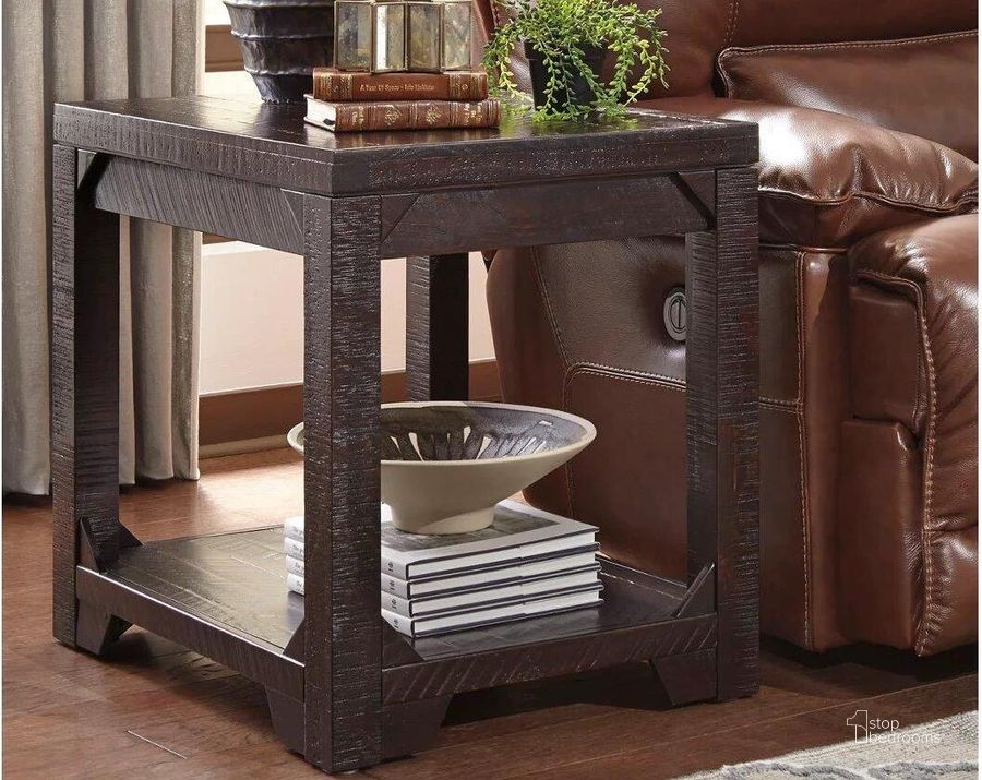 The appearance of Rogness Brown Rectangular End Table designed by Signature Design by Ashley in the transitional interior design. This rustic brown piece of furniture  was selected by 1StopBedrooms from Rogness Collection to add a touch of cosiness and style into your home. Sku: T745-3. Material: Wood. Product Type: End Table. Table Top Shape: Rectangular. Image1