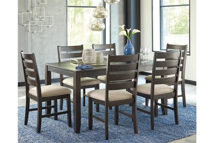 The appearance of Rokane Brown 7 Piece Dining Room Set designed by Signature Design by Ashley in the transitional interior design. This brown piece of furniture  was selected by 1StopBedrooms from Rokane Collection to add a touch of cosiness and style into your home. Sku: D397-425. Material: Fabric. Product Type: Dining Room Set. Table Top Shape: Rectangular. Image1