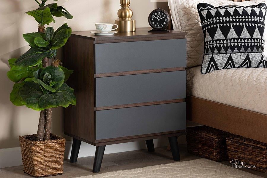 The appearance of Roldan Modern and Contemporary Two-Tone Walnut and Grey Finished Wood 3-Drawer Bedroom Chest designed by Baxton Studio in the modern / contemporary interior design. This walnut and grey piece of furniture  was selected by 1StopBedrooms from Roldan Collection to add a touch of cosiness and style into your home. Sku: CH8003-Walnut/Grey-3DW Chest. Product Type: Chest. Material: MDF. Image1